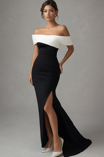 Matte Satin Mermaid Off the Shoulder Black Tie Dress with Slit